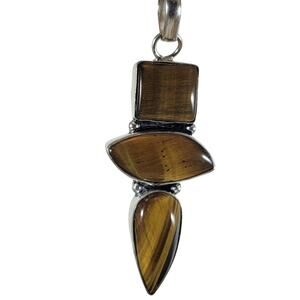 Tiger’s Eye Pendant Necklace – Triple Stone Silver Setting + 20" Sterling Chain
